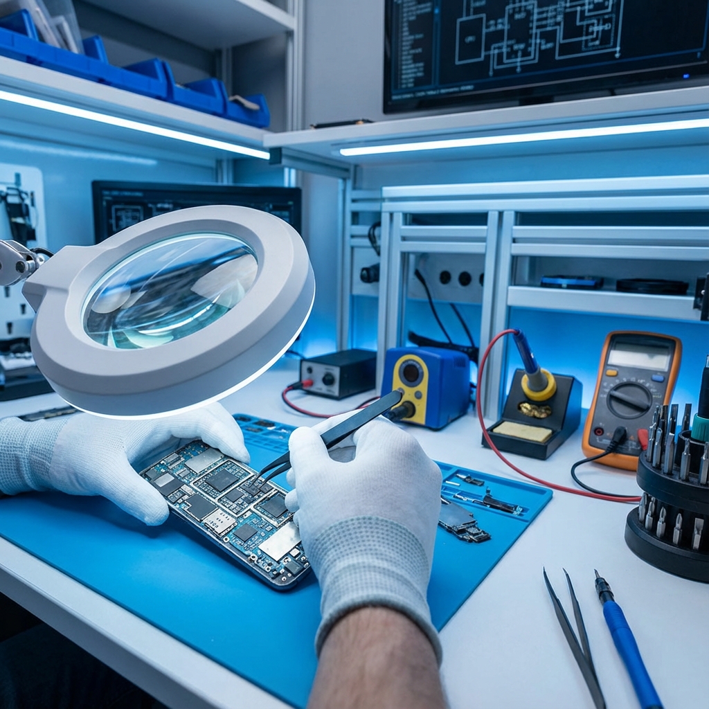 ช่างซ่อมมือถือมืออาชีพกำลังซ่อมสมาร์ทโฟน